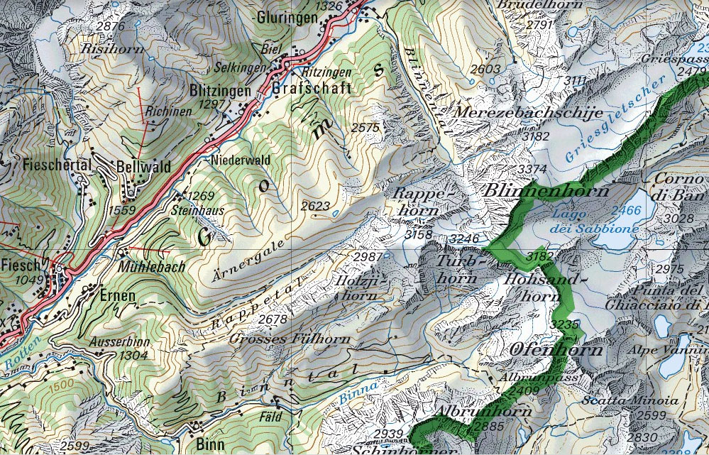 Kartenausschnitt mit nördlichem Binntal und unteren / mittleren Goms